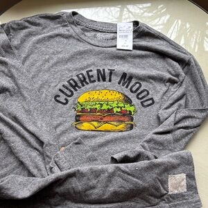 NWT Retro Brand Current Mood Graphic Long Sleeve Tee - Gray Bowith Yellow Burger
